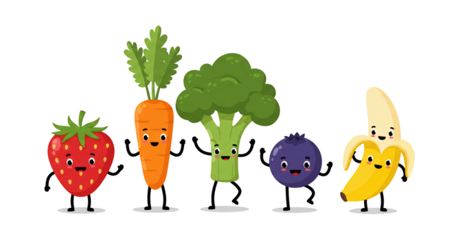 Set of cute happy fruit and vegetable cartoon characters illustration featuring natural, graphic, white, flat,