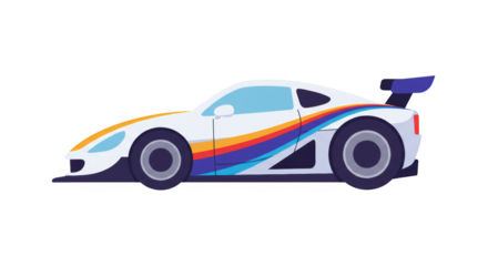 Sleek White Racing Car with Colorful Stripes illustration featuring drift, vintage, victory, wheels, yellow, track concept design