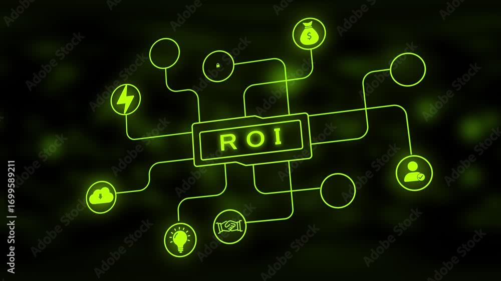 Poster return on investment network diagram with yellow- green neon lines and blurred background connection