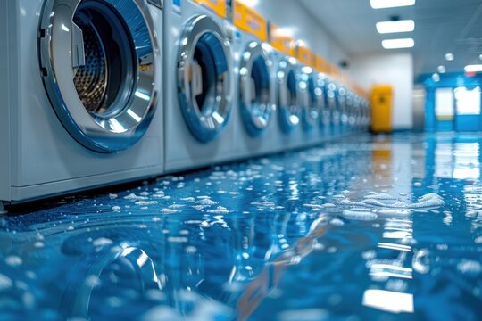 A row of front-loading washing machines lines the interior of a clean and modern urban laundromat. - Powered by Adobe