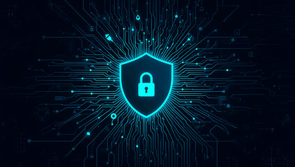 Digital shield with glowing padlock symbolizes cybersecurity and data protection in a futuristic network environment