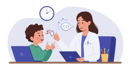 Speech Therapy Session with Child illustration featuring childhood, illustration, patient, skill, happy, session concept design