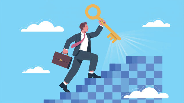 Vector art of a businessman climbs the stairs to success, holding a key to unlock potential