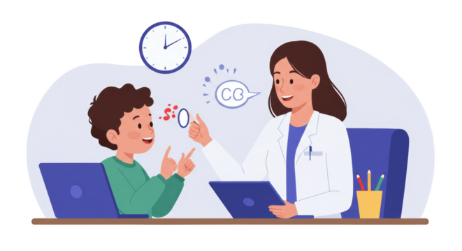 Speech Therapy Session with Child illustration featuring childhood, illustration, patient, skill, happy, session concept design