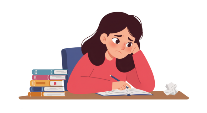 Stressed female student struggling with difficult homework and exam preparation illustration featuring writing, lesson,