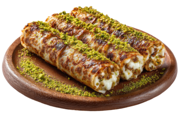 Three crispy, rolled cr?pes, filled with a creamy filling, topped with pistachio. Served on a wooden plate