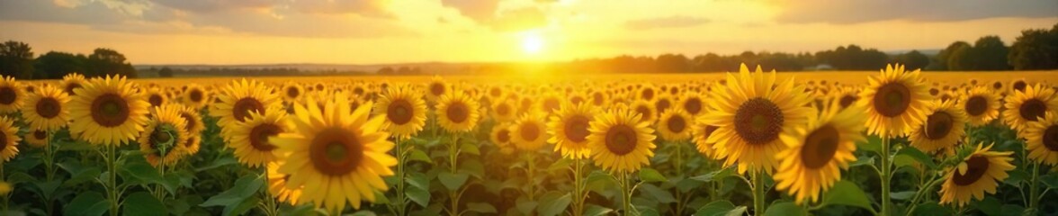 Obraz premium Golden hour sunlight bathes a vast field of sunflowers, creating a breathtaking landscape of vibrant yellow and green Perfect for summer, nature, and agriculture themes , peaceful, sunflowers