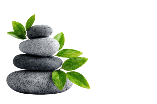 Stacked gray and black stones, accented with vibrant green leaves, form a tranquil zen-like arrangement