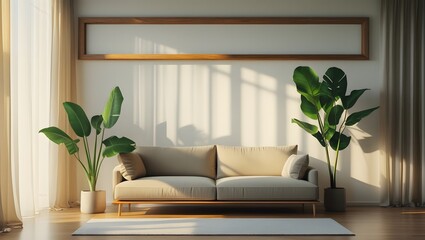 Modern Beige Sofa in Sunlit Living Room with Tropical Plants and Wooden Frame.