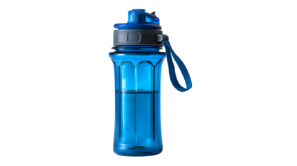 Collapsible water filter bottle, blue, with a clean filter visible, isolated on Transparent background,