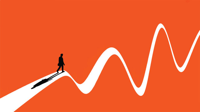 Vector art of silhouette of a man walking on a winding path on orange background illustration