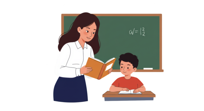 Teacher and Student Learning Together in Classroom illustration featuring instructor, young, educator, reading, blackboard, illustration concept design - Powered by Adobe