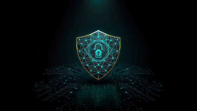 Digital shield protecting data and information with a glowing lock symbol on a dark background