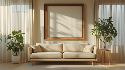 Modern Beige Sofa, Wooden Frame Mockup, Sunlit Living Room, Minimalist Interior Design, Plants, Sheer Curtains.
