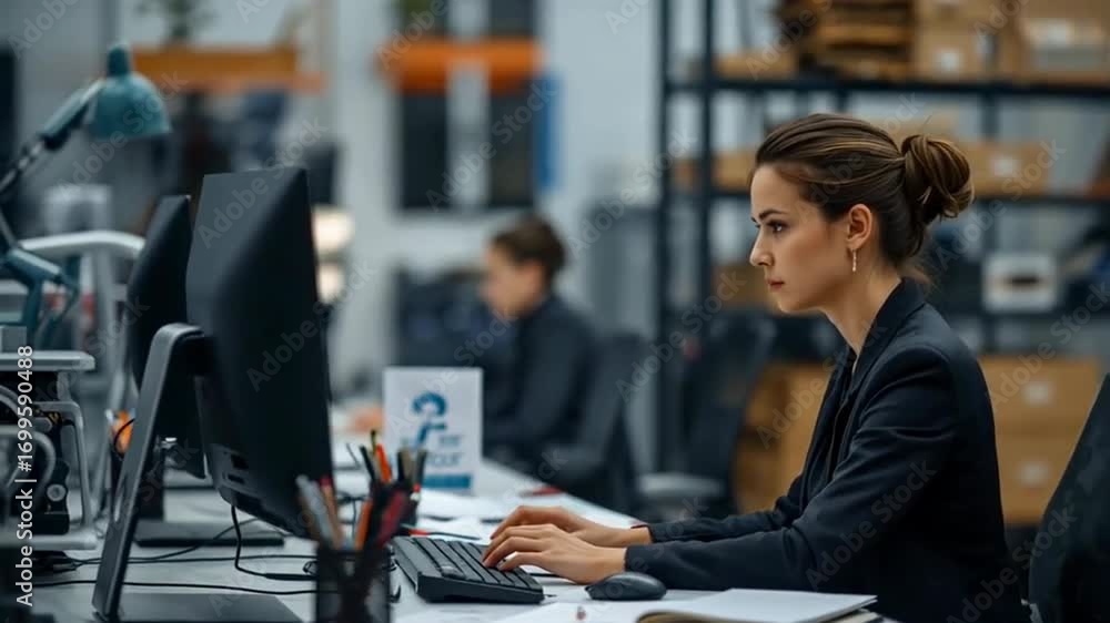 Poster a woman is sitting at a desk working on a computer with two monitors. various stationery items such 