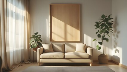 Modern Minimalist Living Room: Beige Sofa, Wooden Frame, Sunlight, Plants
