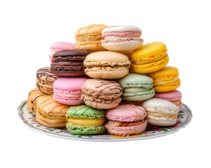 Fototapeta premium Colorful macaron dessert stack sweet French pastry assorted flavors elegant treat photorealistic joyful on decorative plate perfect for celebrations inviting and vibrant