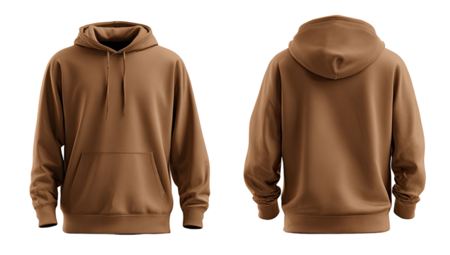 Front and back view of a plain, light brown hoodie