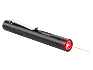 Black pen style red laser pointer with a pocket clip on a transparent background