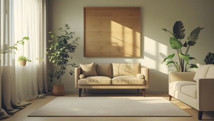 Serene Minimalist Living Room: Beige Sofa, Natural Light, Plants, Wooden Frame, Modern Interior Design