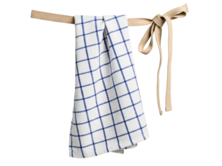 Kitchen dish towel with a blue grid pattern on a strap on a transparent background