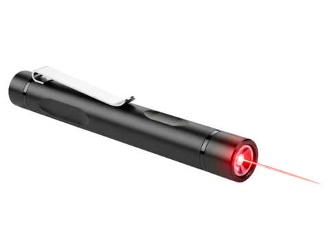 Black pen style red laser pointer with a pocket clip on a transparent background