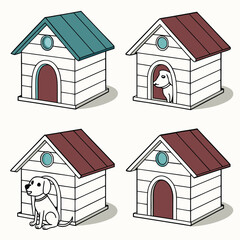 Adorable dogs happily resting in their cozy, colorful dog houses, perfect for pet-themed designs and cheerful content