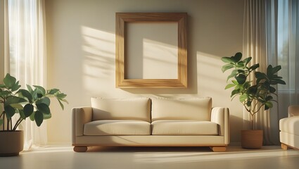Serene Minimalist Living Room: Beige Sofa, Wooden Frame, Sunlight, Plants