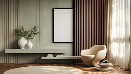 Serene Minimalist Living Room Interior: Modern Chair, Blank Canvas, Natural Light