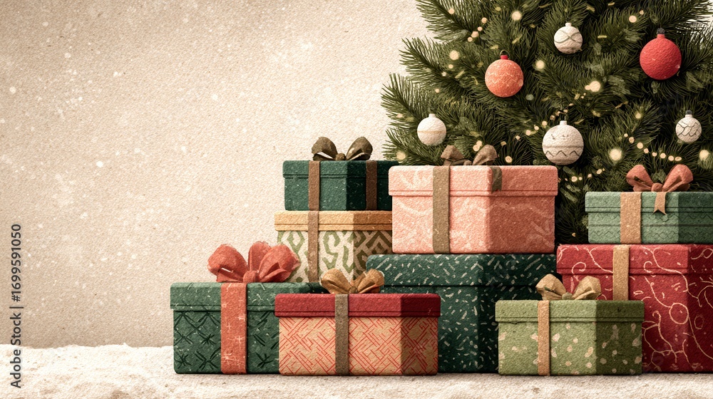 Poster a christmas tree with many presents on top of it. the presents are wrapped in colorful paper and rib