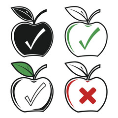 Stylish apple icons with checkmarks and cross symbols representing choices, decisions, and approval or rejection in a clean, modern design