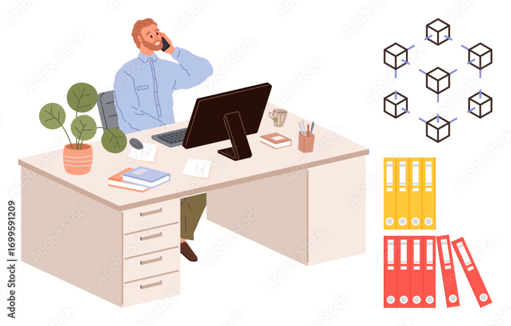 Poster man using phone at desk with computer and office supplies, blockchain network, and organized binders