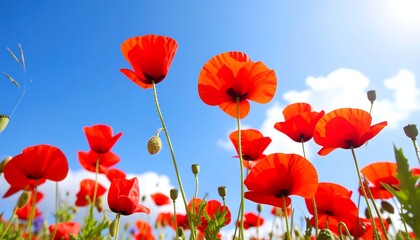Obraz premium Vibrant red poppies against a bright blue sky