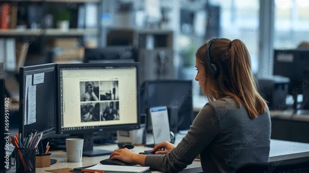 Poster a woman is sitting at a desk working on a computer with two monitors. various stationery items such 