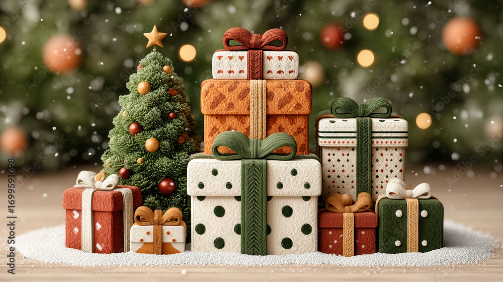 Poster a stack of presents is piled on top of a christmas tree. the presents are of various sizes and color