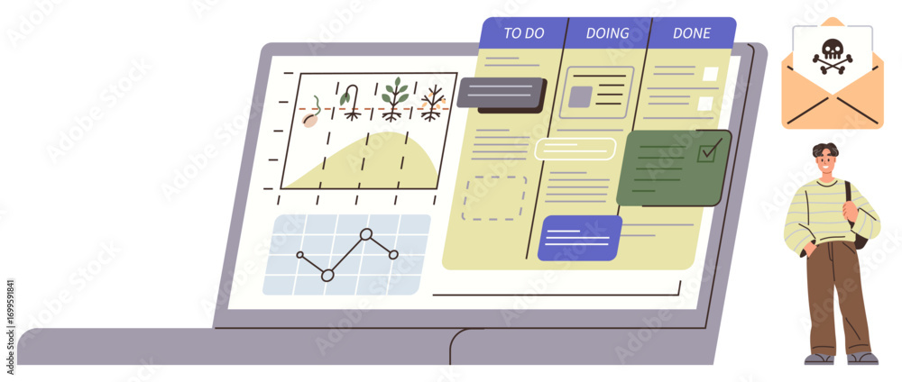 Aufkleber laptop displaying analytics charts, a task management board with to-do lists, and an alert envelope 