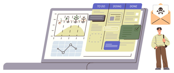 Laptop displaying analytics charts, a task management board with to-do lists, and an alert envelope with a cyber threat icon. Ideal for productivity, organization, digital planning, workflow