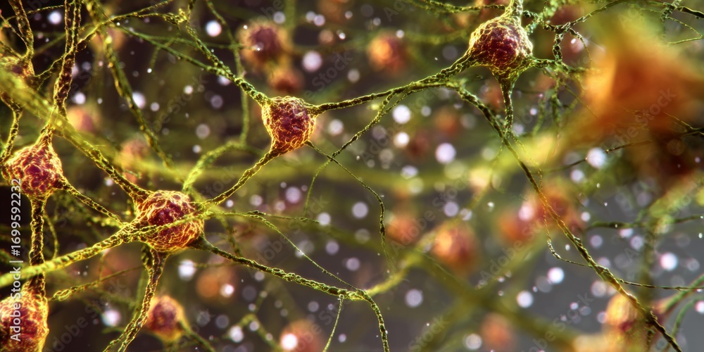 Poster artistic depiction of biotech cell interconnections highlighting complex cellular networks on neutra
