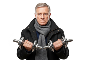 Senior man exercising with dumbbells, fitness training and workout, active lifestyle, isolated portrait, isolated on transparent background