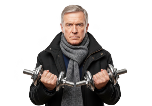 Senior man exercising with dumbbells, fitness training and workout, active lifestyle, isolated portrait, isolated on transparent background