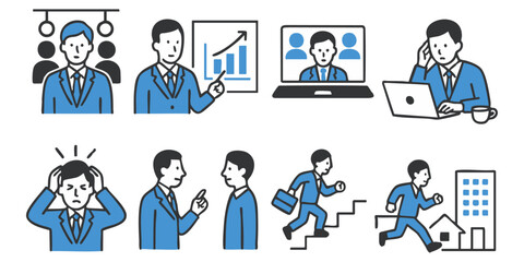 Fototapeta premium サラリーマン・ビジネスマンの働き方アイコンセット（フラットデザイン）