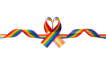 Iridescent rainbow satin ribbon in a perfect heart shape, undulating ends, on a transparent studio backdrop with soft high-key lighting, concept of love, pride, diversity