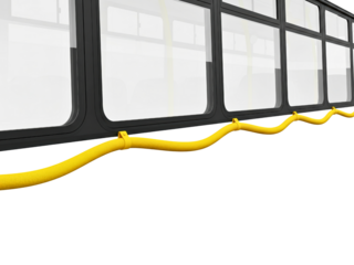 Yellow stop request cord inside a public transportation bus on a transparent background