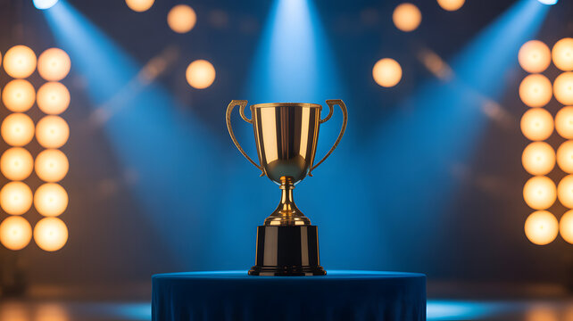 Golden Trophy: A close-up of a golden trophy positioned centrally on a blue pedestal, illuminated by dramatic spotlights and warm lights in the background.
