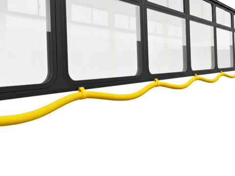 Yellow stop request cord inside a public transportation bus on a transparent background