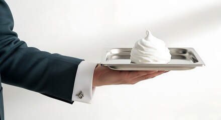Professional Server Presenting Elegant Whipped Cream Dessert on Silver Tray