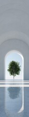Obraz premium Green tree centered within a light archway. Calm minimalist architecture for environmental well-being and natural beauty concept.
