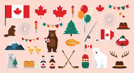 Collection of canadian national symbols and holiday icons celebrating canada day festivities
