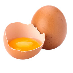 Broken chicken egg with a vibrant yellow yolk and a cracked brown shell on a white background
