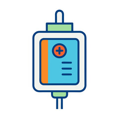 Medical iv drip bag icon with plus symbol and measurement lines
